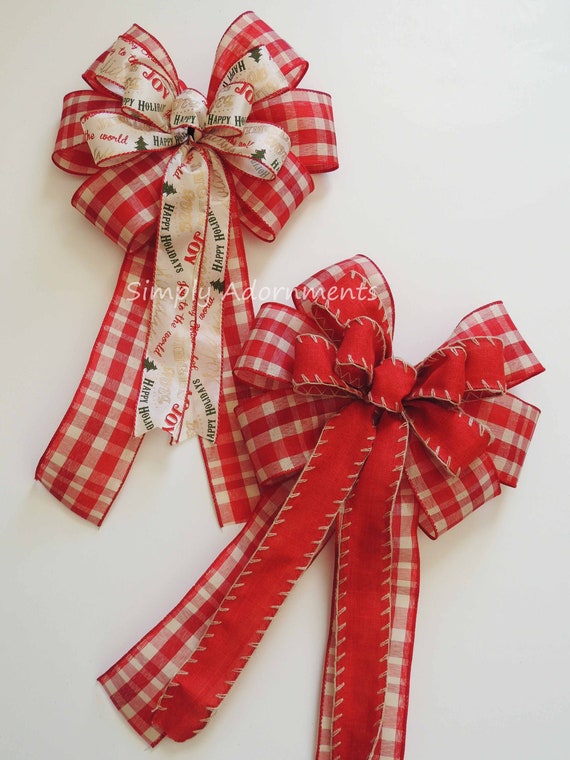Christmas Red Plaid Check Bow, Red Farmhouse Christmas Wreath bow, Red Farmhouse door hanger Bow,  Rustic farmhouse handmade lantern bow