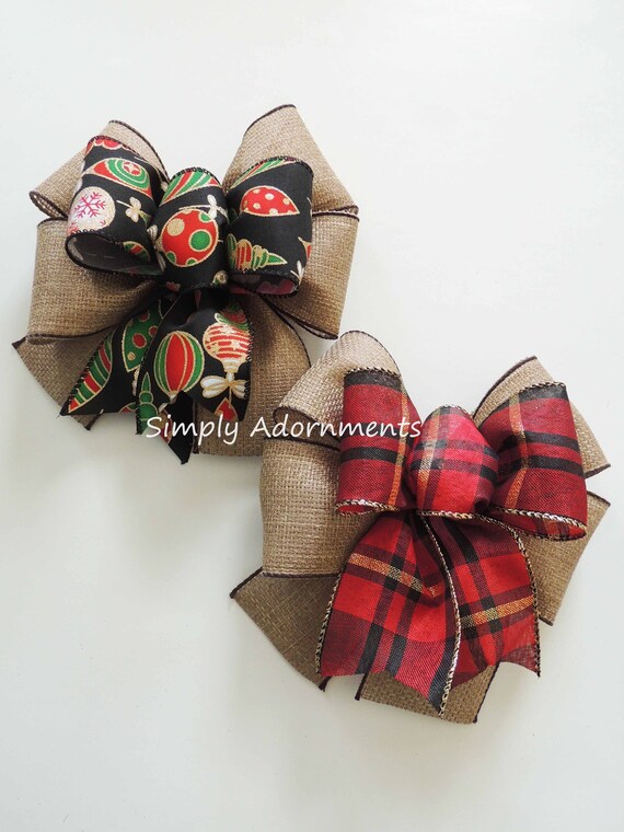 Red Black Gold Plaid Bow, Christmas Sign Bow, Mini Christmas Plaid Wreath Bow, Red plaid Gift Bow, Red Black Plaid Ornament tree bow