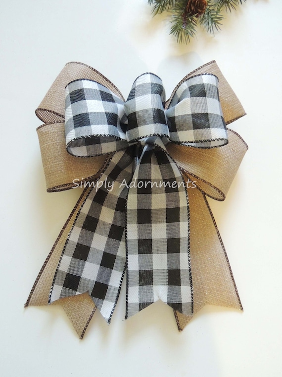 Farmhouse Wreath bow, Black White Buffalo Plaid Burlap Bow, Black White Buffalo Check bow, Farmhouse Christmas Wreath Bow, Farmhouse Bow