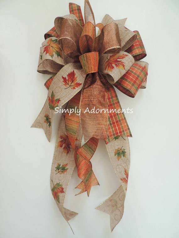 Whimsical Fall Accent Wreath Bows, Fall leaf Lantern Bows, Thanksgiving Wreath Bows, Maple Leaf Fall Plaid Bow, Fall colors Door Hanger Bow