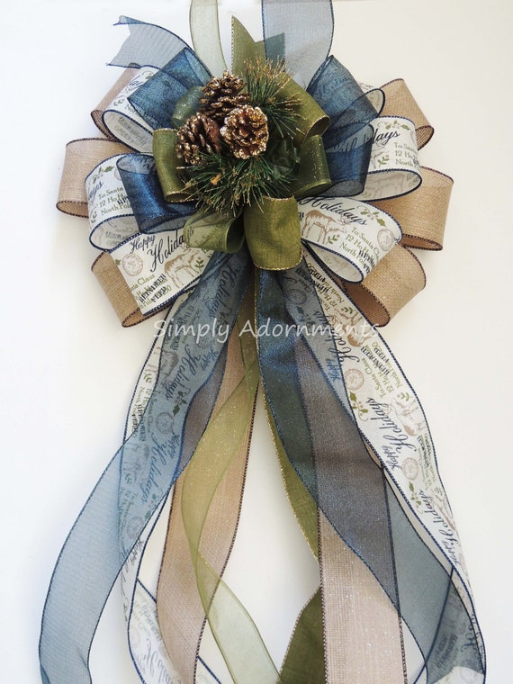 XLarge Christmas topper Bow, Navy Moss Christmas Tree bow, Pinecones Navy Moss green Christmas Bow, Navy Green Tree topper bow, Door Decor Il_570xn