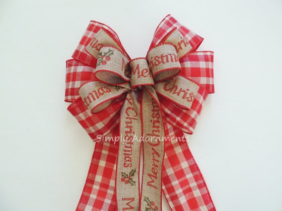 Merry Christmas Scripts Bow, Red Christmas Plaid Bow, Country Tartan Christmas Wreath Bow, Christmas tree bow, Red check Christmas lantern b