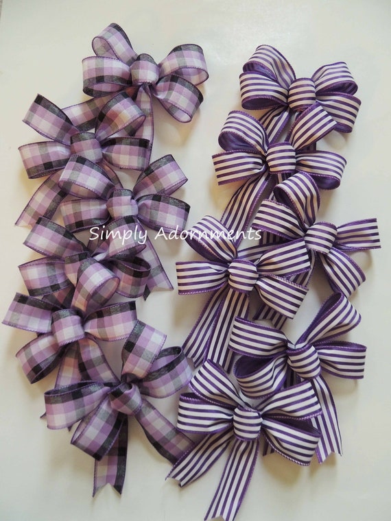 Set of 2 Purple Bows, Purple Ribbon Bows, Cancer Awareness Bows, 2 Small Purple Bows, Purple check bows, Purple Stripes bows, 2 Gift bows