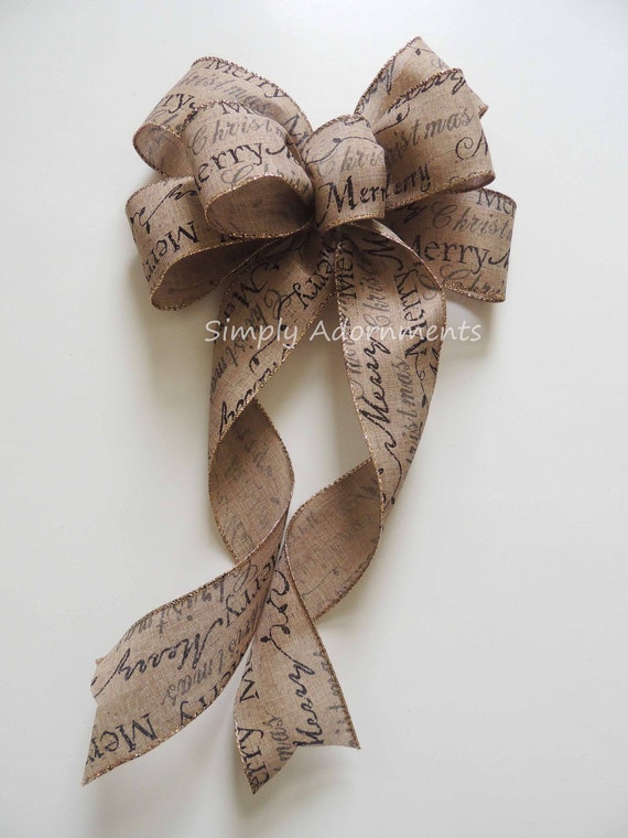 Rustic Burlap farmhouse Christmas Bow, Christmas Holidays Script Burlap Bow, Christmas Accent Bow For Wreath, Merry Christmas Scripts Bow