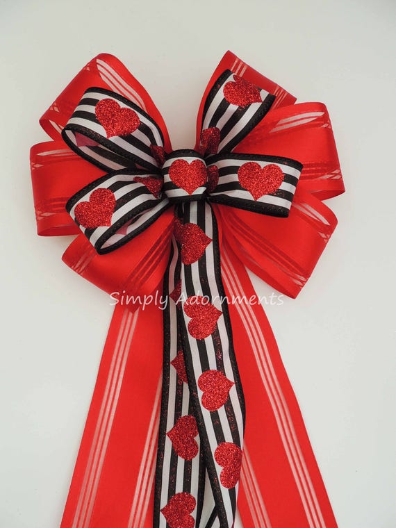 Valentine Wreath Bows, Black Stripes Glitter Red Heart Valentine Bow, Valentine Heart lantern Bow, Valentine Door bow,  Valentine Gift Bow