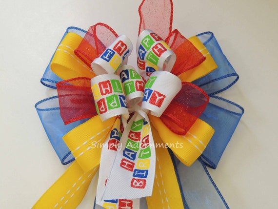 Happy Birthday Gift Bow Red Blue Yellow Hero Birthday Bow Superhero Birthday Party Decor Funky Birthday Gift Bow Door Hanger Birthday bow Il_570xn