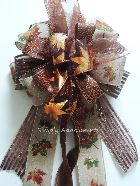 Brown Fall Bow, Fall Lantern Bow, Thanksgiving Wreath Bow, Fall leaves Bow, Maple Leaves Wedding Pew Bow, Brown Bronze bow, Autumn Door Bow