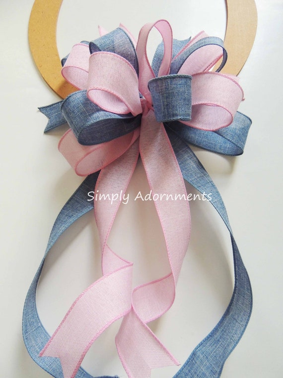 Denim Pink Bow, Denim Baby shower Bow, Gender Reveal Baby Shower bow, Gender Reveal Sign Bow, Boy or Girl door Bow, Gender Reveal Party Deco