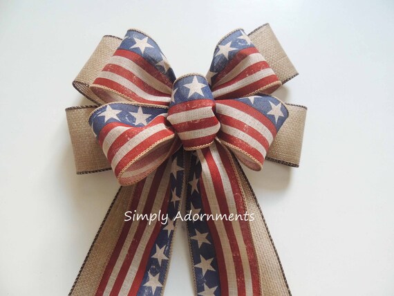 Primitive Americana Burlap Bow, Vintage Patriotic Burlap Bow, July 4th door bow, Fourth of July Bow, Independence Wreath Bow, Gift Bow