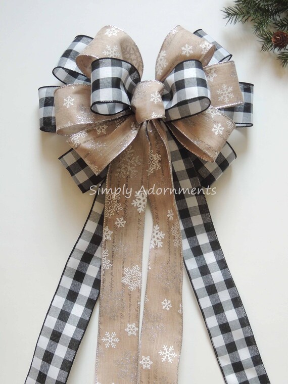 Winter Farmhouse Tree topper bow Black White Buffalo plaid Snowflakes Bow Farmhouse Christmas Topper Bow Snowflakes Black Buffalo Check Bow Il_570xn