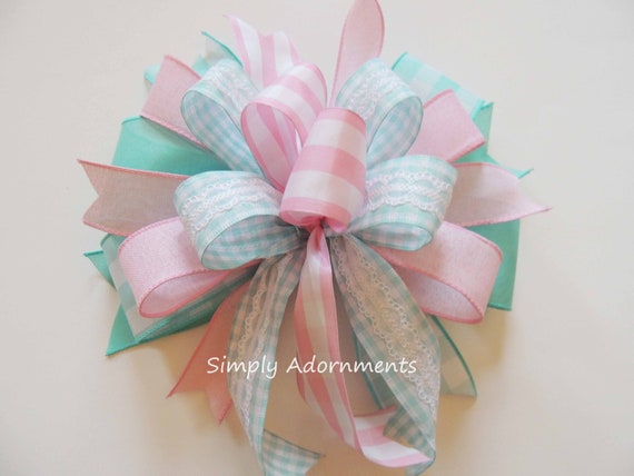 Aqua pink shower bow, Gender Reveal Bow, Baby Shower Lantern bow, Gender Reveal Wreath Bow, Boy or Girl door Bow, Gender Reveal Party Decor