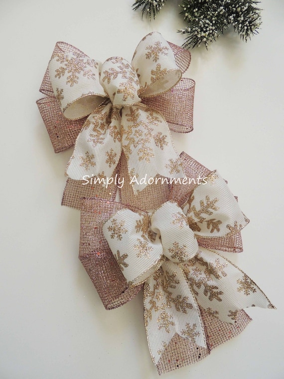 Pink Gold Bows set, 2 Ornament Christmas Snowflakes Bows, 2 Gold Snowflakes Bows, Pink Blush Gold Christmas sign bows, Snowflakes tree bows