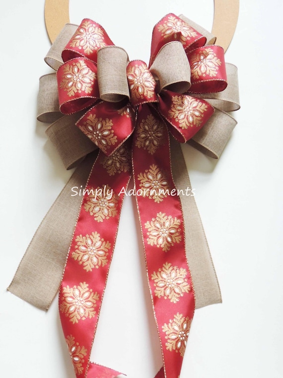 Red Gold Snowflakes Bow, Snowflakes Christmas Tree Bow, Farmhouse Christmas Tree topper, Red Gold Tan Christmas Door bow, Lantern Swag Bow