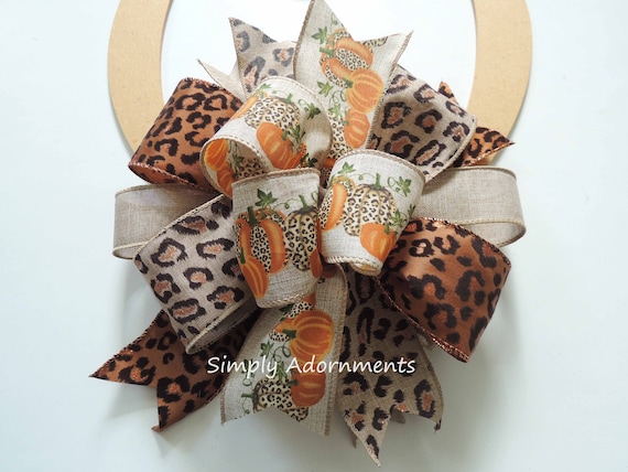 Fall Cheetah Pumpkin Bow, Brown Natural Pumpkin Wreath Bow, Fall Cheetah Pumpkin Wreath Bow, Leopard pumpkins Bow, Fall pumpkin Bow Door Bow