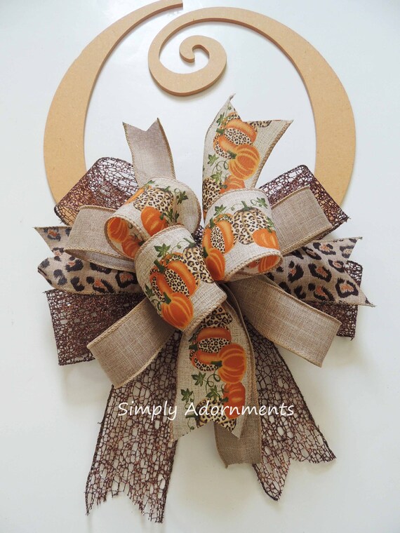Fall Cheetah Pumpkin Bow, Cheetah Pumpkin Wreath Bow, Leopard pumpkins Bow, Fall pumpkin Bow, Teal Natural Pumpkin Leopard Bow, Door Bow