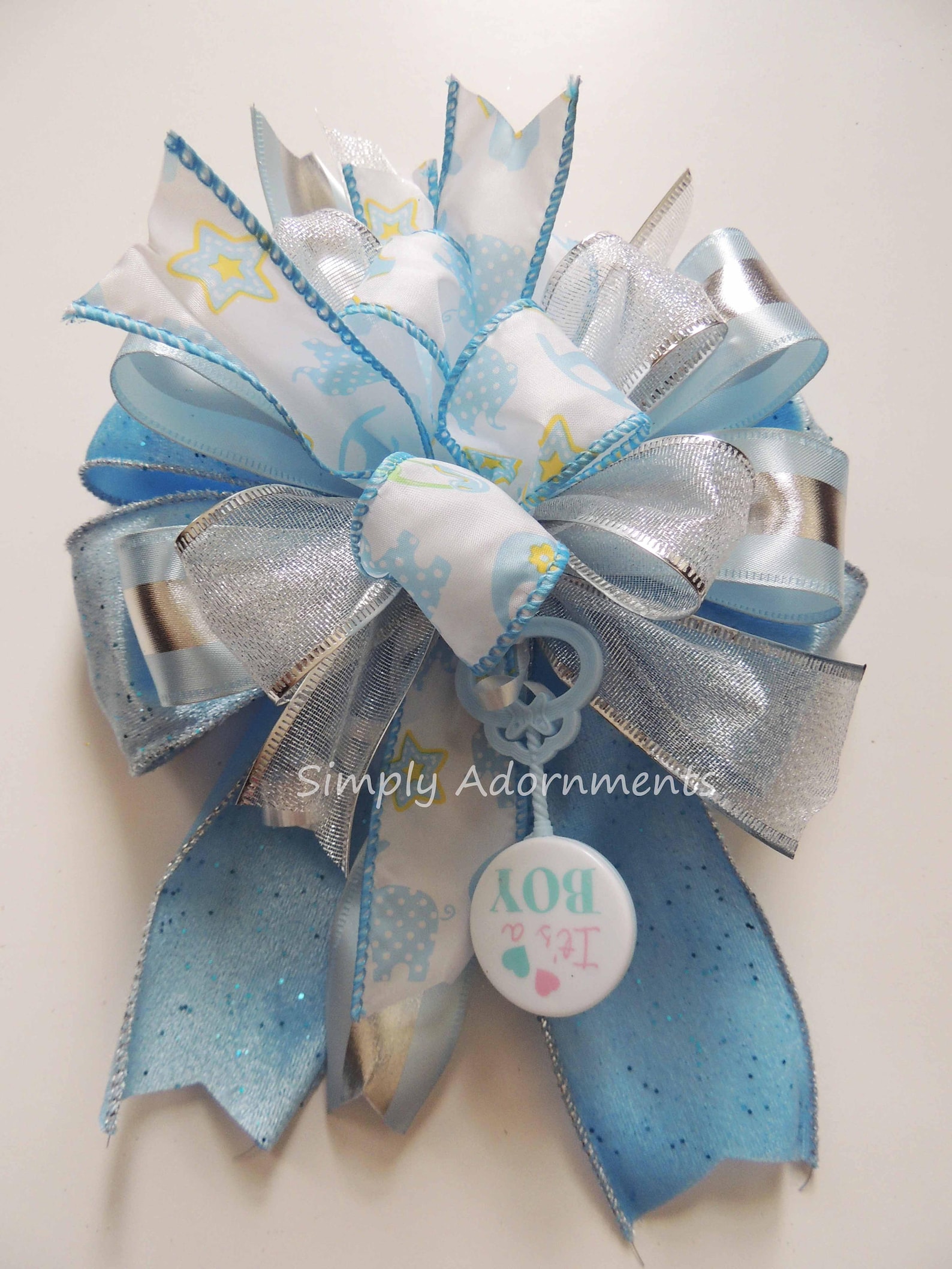 Blue Baby Shower Bow Baby Boy Gift Bow Blue Silver Baby Etsy