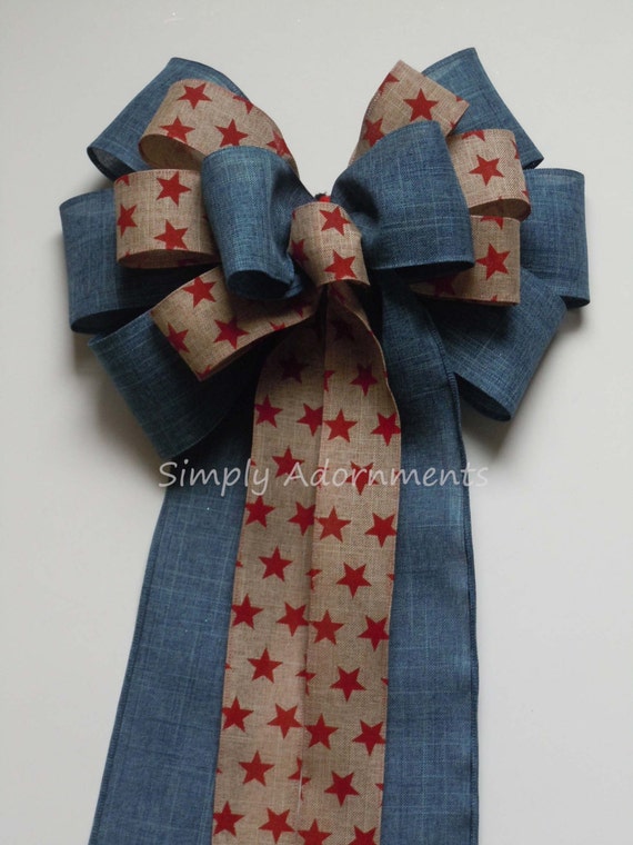 Primitive Rustic Summer Patriotic Bow Patriotic Wreath bow July 4th Wreath Bow, Patriotic Denim Wedding Pew Bow 4th of July Denim wreath Bow