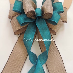 Blue Denim Burlap Ribbon Bow, Farmhouse beige Blue Wreath Bow, Rustic blue Denim Burlap door Bow, Denim blue door Bow, Farmhouse Lantern Bow image 4