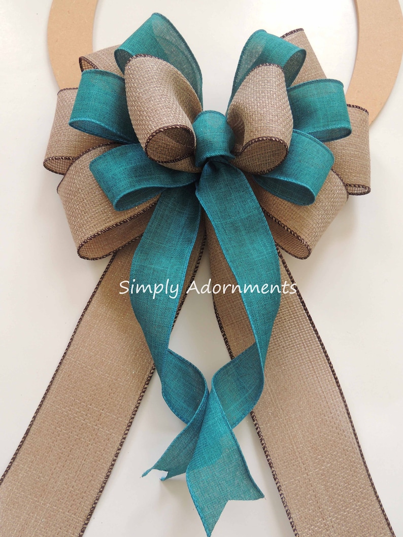 Blue Denim Burlap Ribbon Bow, Farmhouse beige Blue Wreath Bow, Rustic blue Denim Burlap door Bow, Denim blue door Bow, Farmhouse Lantern Bow image 4