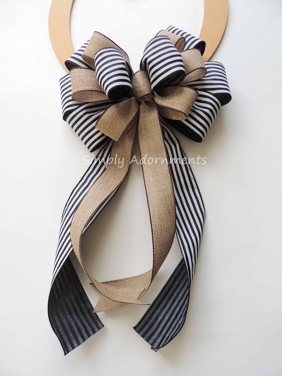 Farmhouse Striped Wired Ribbon Bow, Beige Black Everyday Wreath Decoration, Porch Sign Decor, Door Hanger, Swags