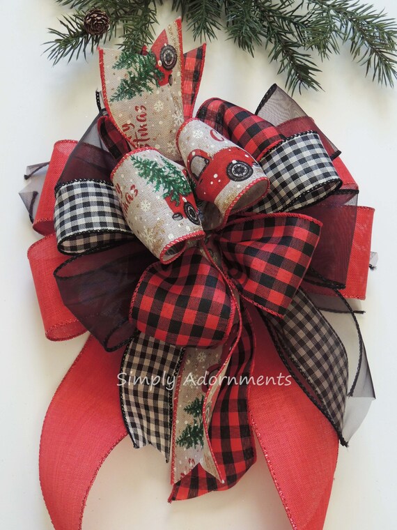 Red Truck Christmas Bow, Farmhouse Plaid Lantern Decor