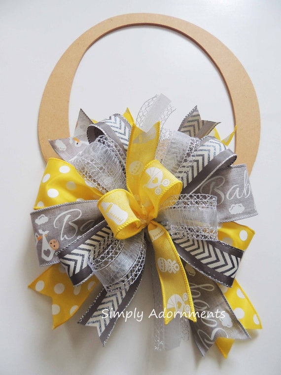 Yellow baby Stork bow, Yellow Gray baby shower Decor, Baby shower gift Bow, Yellow Grey baby Shower bow, Baby Rattle Bottle basket gift bow