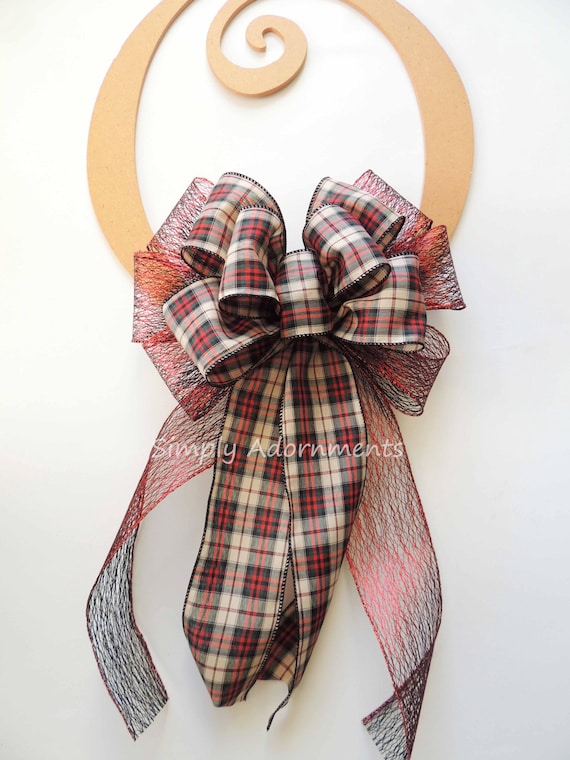 Red Black Plaid Christmas Bow, Burgundy black Christmas Plaid Bow, Country Chic Christmas Tartan Bow, farmhouse Christmas Bow, door bow