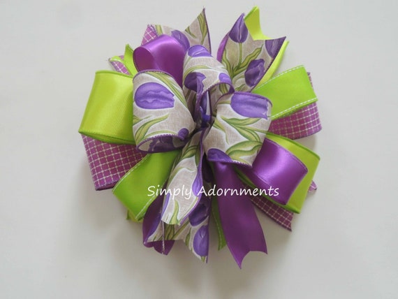 Purple Green Spring Wreath bow, Spring tulips Door Bow,  purple tulip sign Bow, Purple Tulip Wreath Bow, Tulips Lantern Bow, Spring door Bow