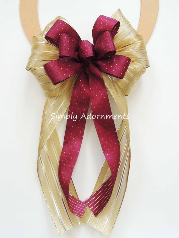 Burgundy Gold Bow, Gold Diamond burgundy pew bow, Burgundy Red Gold chair Bow, Burgundy Pew Bow, Wedding sign bow, Burgundy gold wreath bow