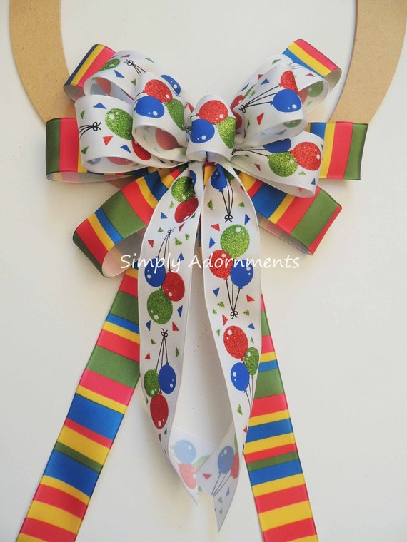 Multicolored Happy Birthday Gift Bow, Red Blue Yellow Birthday Bow, Birthday Wreath Bow, Happy Birthday basket Bow, Door Hanger Birthday bow