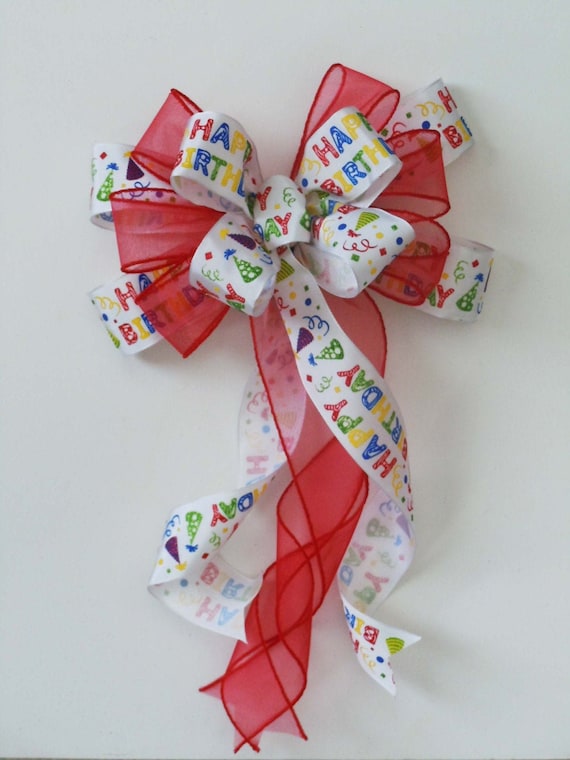 Blue, Red or Green Birthday Bow, Multi-colored Happy Birthday Bow, Handmade Birthday Party Decoration Bow, Birthday Wreath Gift Wrap Bow