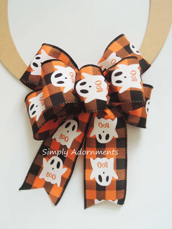Boo Ghost Orange Black Check Bow, Halloween Boo Ghost Check Bow, Boo Ghost Buffalo check Wreath Bows, Buffalo Plaid Boo Ghost Sign Door Bow
