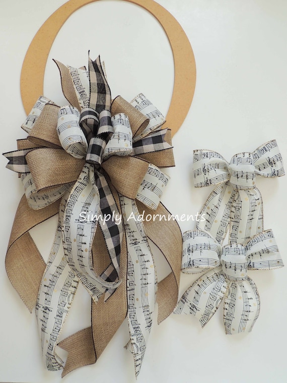 Music Christmas Tree Topper Bow, Farmhouse Christmas Bow, Farmhouse Christmas Wreath Bows, Whimsical Black Tan Farmhouse Bow Music gift bow