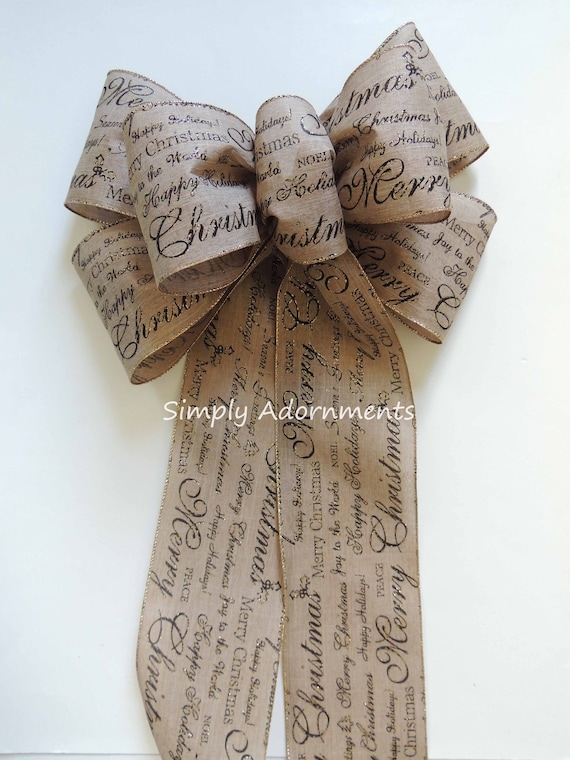 Xlarge Rustic Burlap farmhouse Christmas Bow, Christmas Holidays Script Burlap Tree topper Bow, Xlarge Christmas Wreath, Merry Christmas Bow