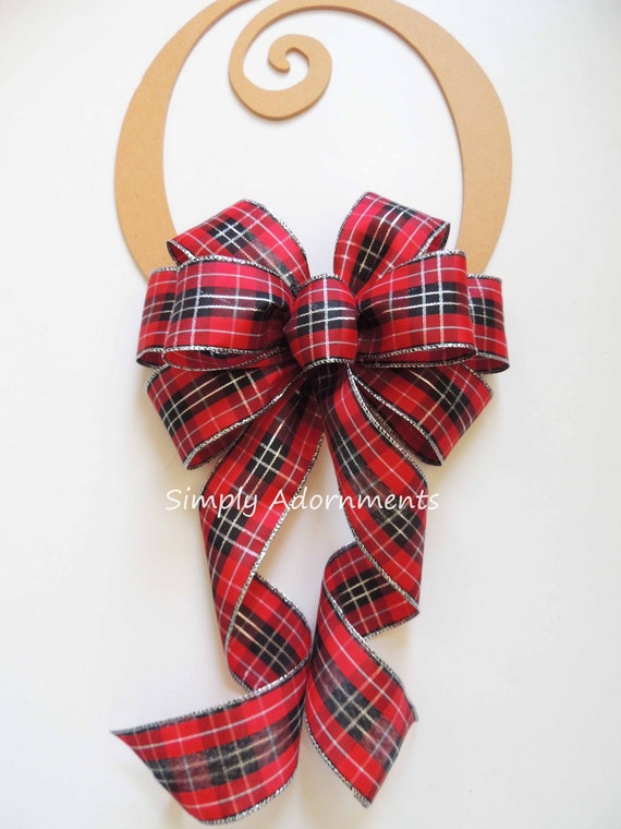 Christmas Plaid Bow, Red Black Silver Christmas Bow, Red Black Tartan Wreath Bow, Christmas Plaid Door Bow, Red Black Tree Bow Bannister bow