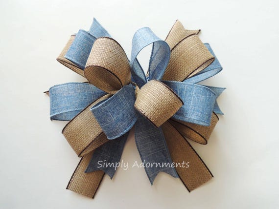Blue Farmhouse Bow, Blue Burlap Wreath Bow, Farmhouse Bow, Door bow, Porch sign Accent, Wreath Embellishment
