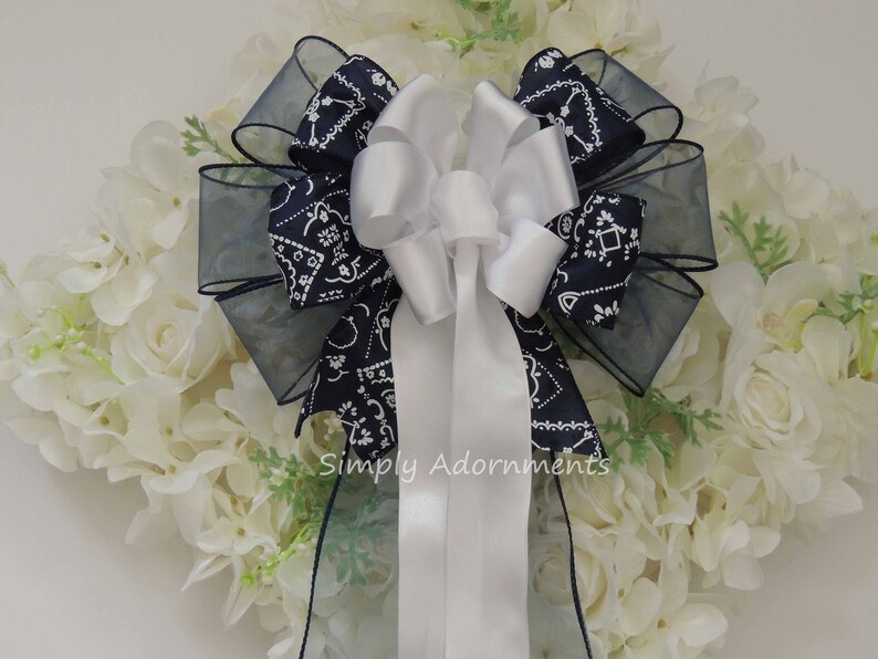 Navy White Wedding Pew Bow Navy White Ceremony Chair Bow Navy Etsy