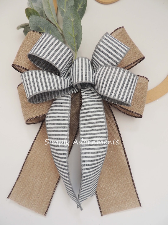 Farmhouse Gray Stripe Bow Sparkle Burlap Horizontal Grey Stripe Farmhouse Bow Farmhouse Rae Dunn Wreath Bows Grey White Stripes Door bow Il_570xn