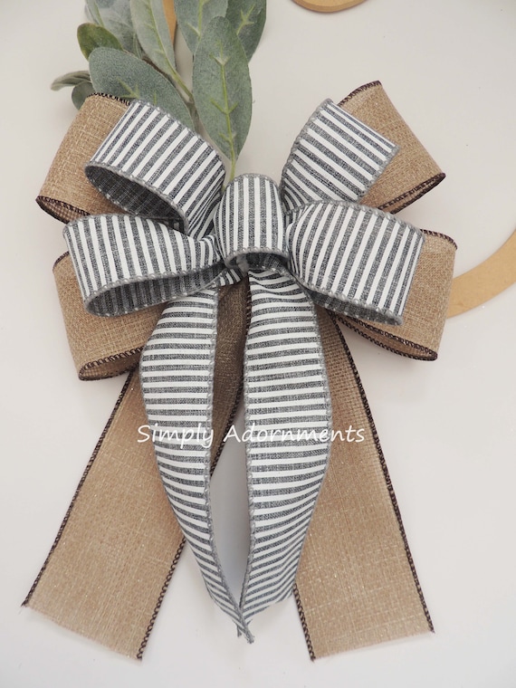 Farmhouse Gray Stripe Bow, Faux Burlap Grey Stripe bow, Farmhouse Bow, Everyday bow, Rae Dunn Wreath Bow, Grey White Stripes bow Door bow