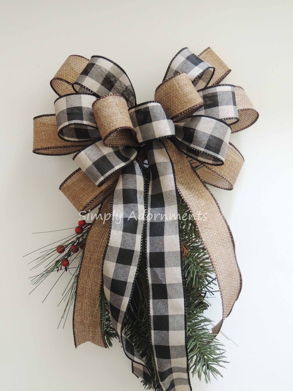 Vintage Burlap Ribbon Bow, Farmhouse Check Bows, Rustic Burlap Ribbon Christmas Bow, Beige Farmhouse Bow, Farmhouse Lantern Bow, gift bow Il_570xn