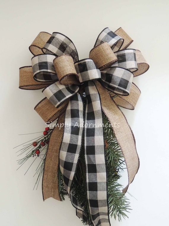 Vintage Burlap Ribbon Bow,  Farmhouse Check Bows,  Rustic Burlap Ribbon Christmas Bow, Beige Farmhouse Bow, Farmhouse Lantern Bow, gift bow