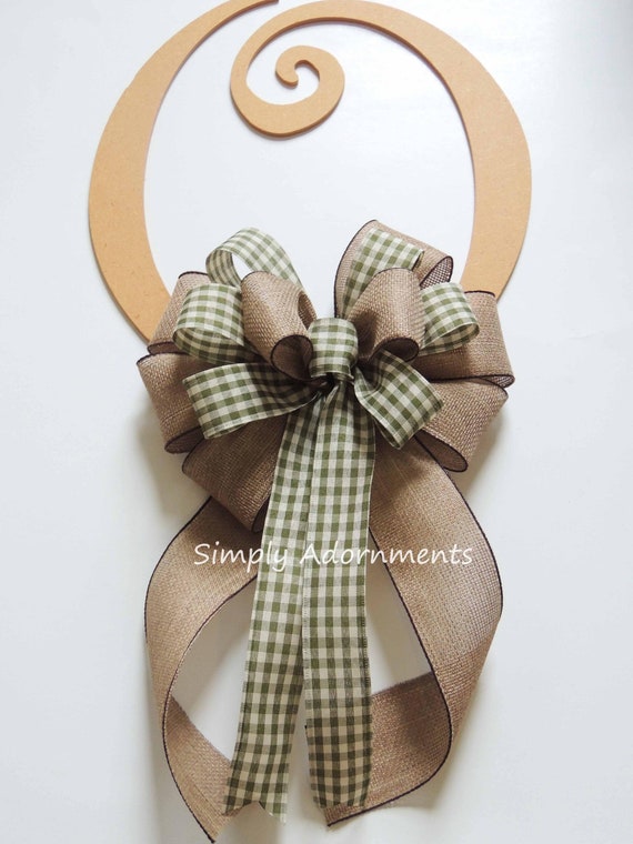 Green Christmas Check Bow, Farmhouse Green Check Wreath bow, Rustic Christmas Green Bow, Green burlap Farmhouse Bow, Green Check Winter bow
