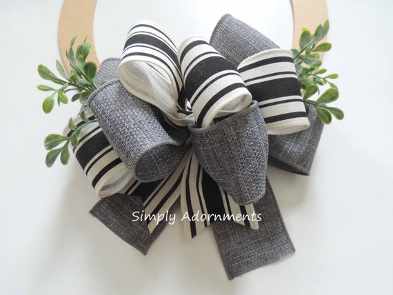 Gray Burlap Farmhouse Striped BOW ONLY, Grey farmhouse Striped Bow, Burlap Farmhouse Wreath bow, Farmhouse sign Bow, Black Grey Door Bow