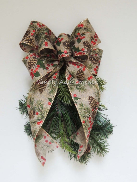 Rustic Berries Christmas Bow, Burlap Country Bow, Lantern bow, Rustic hollies Christmas Bow, rustic burlap Christmas bow, Christmas door bow