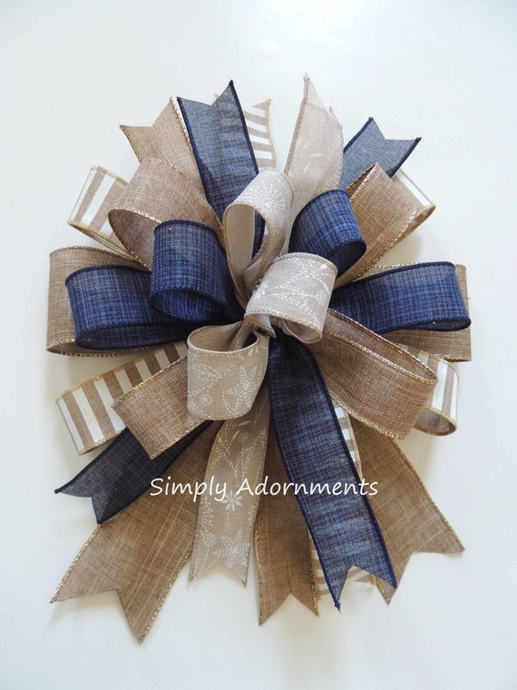 Navy tan Farmhouse Bow, Navy Tan Farm Wreath Bow, Cottage Wreath Bow, Farmhouse lantern Bow, Tan Stripe bow, Navy Beige farmhouse Wired bow