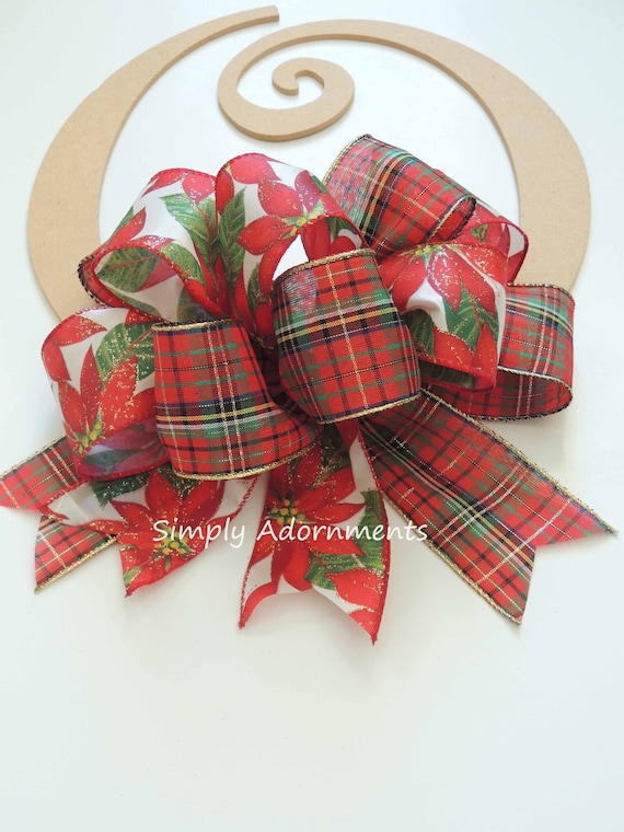 Poinsettia Plaid Bow,  Red Poinsettias door bow, Christmas Poinsettia Wreath Bow, Red Poinsettia lantern bow, Christmas Poinsettia plaid bow