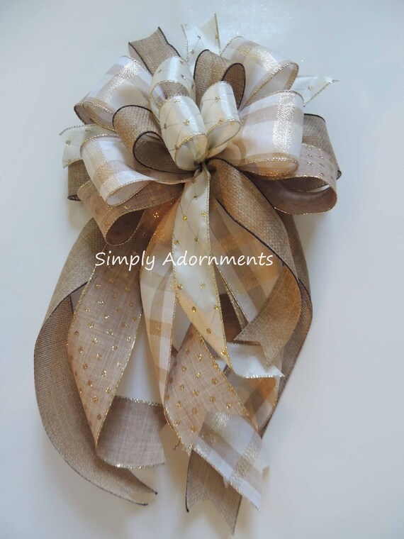 Ivory Tan Christmas Bow, Burlap Ivory Plaid Christmas Bow, Beige Cream Christmas Tree Topper bow, Christmas wreath Bow Christmas Lantern Bow
