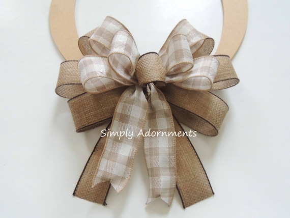 Vintage Burlap Tan check Bow,  Farmhouse Tan Check Bows Rustic Burlap Tan plaid Bow, Beige Farmhouse Bow for Sign Door, Lantern Bow gift bow