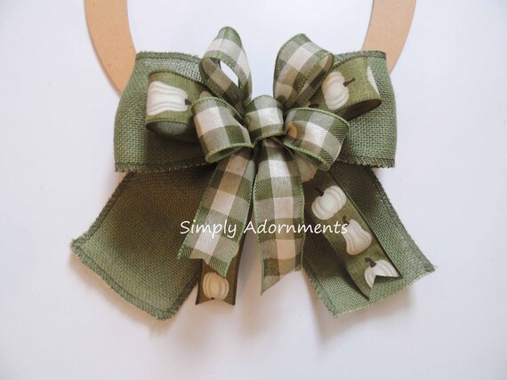 Green Buffalo Check Pumpkin bow, Moss burlap fall bow, Farmhouse Moss greeb Bow, Farmhouse Burlap Fall Green Bow, Wreath Bow, Fall Door Bow Il_570xn