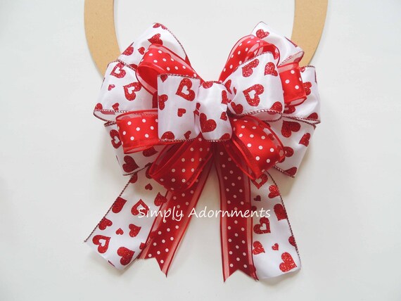 Valentine Red Heart Bow, Red Heart Wreath bow, Glitter Red Heart Valentine Bow, Red Valentine Heart Wreath Bow, Red Valentine Gift Bow